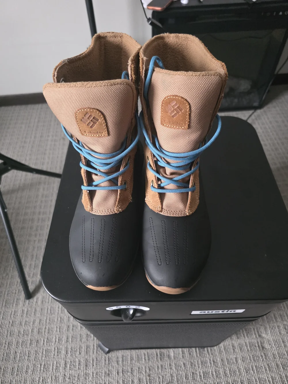 Kids Waterproof Winter Boots in Brown and Black with Blue Laces